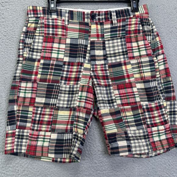 J Crew Khakis Patchwork Shorts Mens 32 Red Multi Plaid 100% Cotton‎ Flat Front - Picture 1 of 6